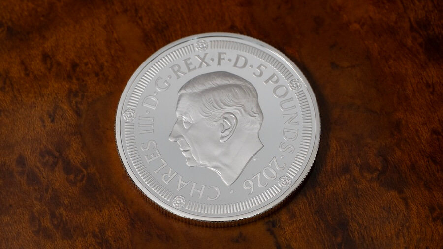 Coin Obverse-2 Royal Mint £5 coin celebrating 500 Years of the Crown, featuring the royal cyphers of King Charles III and Queen Camilla. Pictures taken by the Britannia Coin Company